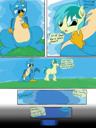 Size: 768x1024 | Tagged: suggestive, artist:mrleft, gallus (mlp), sandbar (mlp), oc, oc:gyro feather, oc:gyro feather (gryphon), bird, feline, fictional species, gryphon, mammal, feral, comic:gallus's feathered snack, friendship is magic, hasbro, my little pony, beak, bird feet, blue feathers, blue fur, claws, comic, dialogue, duo, feathered wings, feathers, fur, green eyes, implied vore, male, open mouth, paws, saliva, tail, tail tuft, talking, talons, text, wings