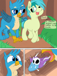 Size: 768x1024 | Tagged: suggestive, artist:mrleft, gallus (mlp), sandbar (mlp), oc, oc:gyro feather, oc:gyro feather (gryphon), bird, earth pony, equine, feline, fictional species, galliform, gryphon, mammal, peacock gryphon, peafowl, pony, feral, comic:gallus's feathered snack, friendship is magic, hasbro, my little pony, beak, bird feet, blue feathers, blue fur, bones, claws, comic, cutaway, death, dialogue, disposal, english text, feathered wings, feathers, fur, green eyes, group, male, micro, onomatopoeia, open mouth, paws, pellet, pink feathers, saliva, size difference, skull, tail, tail tuft, talking, talons, text, throat bulge, trio, vore, wings