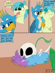 Size: 768x1024 | Tagged: suggestive, artist:mrleft, gallus (mlp), sandbar (mlp), oc, oc:gyro feather, oc:gyro feather (gryphon), bird, earth pony, equine, feline, fictional species, galliform, gryphon, mammal, peacock gryphon, peafowl, pony, feral, comic:gallus's feathered snack, friendship is magic, hasbro, my little pony, beak, bird feet, blue feathers, blue fur, bones, claws, comic, cutaway, death, dialogue, disposal, english text, feathered wings, feathers, fur, green eyes, group, male, micro, onomatopoeia, open mouth, paws, pellet, pink feathers, saliva, size difference, skull, tail, tail tuft, talking, talons, text, trio, vore, wings