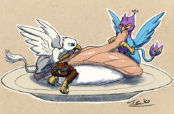 Size: 1870x1234 | Tagged: safe, artist:gyrotech, artist:tsitra360, edit, oc, oc:der, oc:gyro feather, oc:gyro feather (gryphon), oc:saewin, bird, feline, fictional species, galliform, gryphon, mammal, peacock gryphon, peafowl, feral, beak, bird feet, blue feathers, blue fur, claws, color edit, eating, feathered wings, feathers, food, fur, green eyes, group, male, micro, paws, pink feathers, rice, sushi, tail, tail tuft, talons, trio, wings