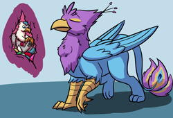 Size: 1750x1190 | Tagged: suggestive, artist:gyrotech, artist:swiftsketch, edit, oc, oc:der, oc:gyro feather, oc:gyro feather (gryphon), bird, feline, fictional species, galliform, gryphon, mammal, peacock gryphon, peafowl, feral, comic:amongst the candy, beak, bird feet, candy, claws, color edit, comic, crop (organ), duo, eyes closed, feathered wings, feathers, food play, fur, internal view, male, micro, offscreen character, open mouth, picture-in-picture, size difference, tail, tail tuft, talons, tongue, vore, wings