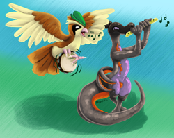 Size: 2162x1722 | Tagged: safe, artist:gyrotech, oc, oc:saul ashle, bird, fictional species, lizard, pidgey, reptile, salazzle, songbird, anthro, semi-anthro, nintendo, pokémon, bard, duo, flute, flying, gray scales, male, music, open mouth, orange scales, pink eyes, poison, scales, singing, spitting, spread wings, tail, venoshock, wings