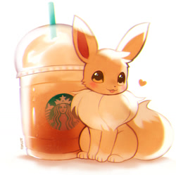 Size: 1200x1195 | Tagged: safe, artist:foxlett, eevee, fictional species, mammal, feral, nintendo, pokémon, 2020, ambiguous gender, blushing, coffee, fluff, heart, looking at you, signature, simple background, sitting, solo, solo ambiguous, starbucks, tail, tail fluff, tongue, tongue out