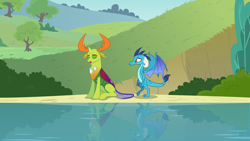 Size: 2560x1440 | Tagged: safe, artist:byteslice, princess ember (mlp), thorax (mlp), arthropod, changedling, changeling, dragon, equine, fictional species, mammal, western dragon, anthro, feral, friendship is magic, hasbro, my little pony, trace, .svg available, 16:9, antlers, blue scales, bush, curled horns, duo, eyes closed, female, floppy ears, grass, green body, horn, horns, male, not a screencap, on model, orange body, reflection, sitting, svg, tail, tree, vector, wallpaper, water, webbed wings, wings