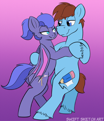 Size: 1176x1368 | Tagged: safe, artist:swiftsketch, oc, oc only, oc x oc, oc:sugar rush, oc:swift sketch, bat pony, earth pony, equine, fictional species, mammal, pony, feral, friendship is magic, hasbro, my little pony, bat wings, bipedal, color porn, couple, cute little fangs, dancing, duo, female, folded wings, half-lidded eyes, looking at each other, male, male/female, mare, shipping, smiling, stallion, tail, webbed wings, wings