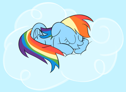 Size: 2993x2195 | Tagged: safe, artist:frownfactory, rainbow dash (mlp), equine, fictional species, mammal, pegasus, pony, feral, friendship is magic, hasbro, my little pony, 2020, atg 2020, cloud, eyes closed, feathered wings, feathers, female, folded wings, hair, high res, mane, mare, newbie artist training grounds, on a cloud, on model, rainbow hair, rainbow mane, sky, smiling, solo, solo female, tail, wings