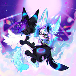 Size: 1400x1400 | Tagged: safe, artist:moggiedelight, oc, oc only, eeveelution, fictional species, mammal, shiny pokémon, sylveon, umbreon, feral, nintendo, pokémon, 2020, abstract background, arm warmers, clothes, color porn, cute, duo, feral/feral, glamfur, glasses, interspecies, kemono, male, male/nonbinary, nonbinary, oekaki, scene fashion, scenery, scenery porn, shipping, sky, snuggling, tail