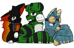 Size: 1280x844 | Tagged: safe, artist:driedupsquid, cat, feline, mammal, feral, dream (youtuber), minecraft, sapnap (youtuber), youtube, 2020, catified, clothes, dream team, ear fluff, ears, feralized, fluff, fur, georgenotfound, glasses, green fur, group, looking at something, looking at you, male, mask, paws, scarf, simple background, smiling, species swap, sunglasses, tail, tail fluff, transparent background, trio