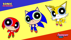 Size: 1920x1080 | Tagged: safe, artist:isupersonic95, furbooru exclusive, knuckles the echidna (sonic), miles "tails" prower (sonic), sonic the hedgehog (sonic), canine, echidna, fox, hedgehog, mammal, monotreme, red fox, anthro, sega, sonic the hedgehog (series), the powerpuff girls, 16:9, crossover, dipstick tail, fluff, logo, male, males only, multiple tails, orange tail, quills, red tail, style emulation, tail, tail fluff, trio, trio male, two tails, wallpaper, white tail