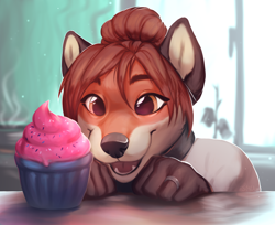 Size: 1200x980 | Tagged: safe, artist:smileeeeeee, canine, fox, mammal, anthro, brown eyes, cupcake, female, food, happy, smiling, solo, solo female