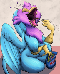 Size: 2003x2457 | Tagged: suggestive, artist:eyeofcalamity, artist:gyrotech, edit, oc, oc:gyro feather, oc:gyro feather (gryphon), oc:toothpick (memely), bird, feline, fictional species, galliform, gryphon, mammal, peacock gryphon, peafowl, feral, beak, bird feet, blue feathers, blue fur, claws, color edit, duo, eating, eyes closed, feathered wings, feathers, food, fur, high res, imminent vore, m&ms, male, mawshot, micro, nano, open mouth, paws, pink feathers, spread wings, tail, tail tuft, talons, wings
