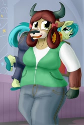 Size: 857x1280 | Tagged: safe, artist:sixes-and-sevens, sandbar (mlp), yona (mlp), earth pony, equine, fictional species, mammal, pony, yak, anthro, friendship is magic, hasbro, my little pony, anthrofied, carrying, clothes, duo, female, male, male/female, shipping, tail, yonabar (mlp)