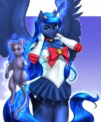 Size: 1600x1920 | Tagged: safe, artist:mykegreywolf, luna (sailor moon), princess luna (mlp), alicorn, cat, equine, feline, fictional species, mammal, pony, anthro, feral, friendship is magic, hasbro, my little pony, sailor moon, 2018, anthrofied, bottomwear, clothes, crossover, duo, duo female, feathered wings, feathers, female, glowing, glowing horn, horn, mare, namesake, pun, sailor outfit, shorts, skirt, spread wings, tail, telekinesis, wings