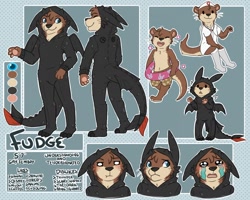 Size: 1280x1025 | Tagged: safe, artist:starswirls, toothless (httyd), oc, oc only, oc:fudge (fudge-the-otter), mammal, mustelid, otter, anthro, how to train your dragon, 2015, blue eyes, blushing, bottomwear, clothes, color palette, cosplay, costume, crying, dot eyes, happy, kigurumi, male, nurse outfit, paw pads, paws, reference sheet, shorts, smiling, socks, solo, solo male, tail, whiskers