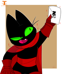 Size: 4323x5197 | Tagged: safe, artist:t-whiskers, mao mao (mao mao), cat, feline, mammal, anthro, cartoon network, mao mao: heroes of pure heart, 2020, absurd resolution, black fur, cape, clothes, fur, gloves, green sclera, logo, mail, male, solo, solo male, sparkles, watermark