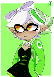 Size: 4061x5775 | Tagged: safe, artist:t-whiskers, marie (splatoon), animal humanoid, fictional species, inkling, mammal, mollusk, squid, humanoid, nintendo, splatoon, 2020, absurd resolution, breasts, clothes, dress, female, green background, hair, jacket, simple background, solo, solo female, tentacle hair, tentacles, topwear, watermark, white hair