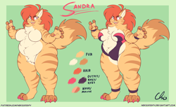 Size: 1350x825 | Tagged: safe, artist:nekocrispy, oc, oc only, oc:sandra (nekocrispy), cat, feline, mammal, anthro, 2020, belly button, breasts, claws, fangs, fat, featureless breasts, female, looking at you, overweight, reference sheet, signature, solo, solo female, tail, teeth, text, url