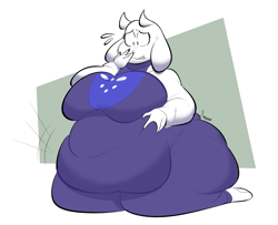 Size: 1093x889 | Tagged: suggestive, artist:boxmingle, toriel (undertale), bovid, goat, mammal, anthro, undertale, 2018, abstract background, barefoot, belly grab, breasts, butt, clothes, dress, fat, fat fetish, female, fur, huge belly, huge breasts, huge butt, hyper, kneeling, morbidly obese, obese, solo, solo female, white fur