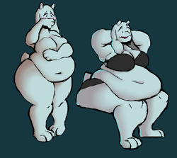 Size: 881x785 | Tagged: suggestive, artist:potionbag, toriel (undertale), bovid, goat, mammal, anthro, undertale, 2018, belly button, big breasts, blushing, bra, breasts, clothes, covering, covering mouth, fat, fat fetish, female, huge belly, obese, panties, solo, solo female, tail, thick thighs, thighs, underwear