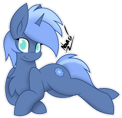 Size: 1776x1723 | Tagged: safe, artist:novawish, oc, oc only, oc:double colon, equine, fictional species, mammal, pony, unicorn, feral, friendship is magic, hasbro, my little pony, alpha channel, blue fur, blue hair, chest fluff, commission, crossed hooves, cutie mark, cyan eyes, female, fluff, fur, hair, hooves, horn, looking at you, lying down, signature, simple background, solo, solo female, tail, transparent background