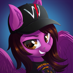 Size: 3000x3000 | Tagged: safe, artist:colorsoundz, equine, fictional species, mammal, pegasus, pony, feral, friendship is magic, hasbro, my little pony, pierce the veil, vic fuentes, 2019, brown eyes, brown hair, brown mane, bust, cap, clothes, commission, digital art, feathered wings, feathers, feralized, fur, furrified, grin, hair, hair over one eye, hat, high res, looking at you, male, mane, nose piercing, piercing, ponified, purple fur, shirt, smiling, smug, solo, solo male, spread wings, stallion, topwear, wings, ych result