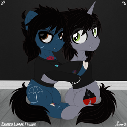 Size: 3000x3000 | Tagged: safe, artist:darkest-lunar-flower, earth pony, equine, fictional species, mammal, pony, undead, unicorn, zombie, zombie pony, feral, bring me the horizon, friendship is magic, hasbro, kellin quinn, my little pony, oliver sykes, sleeping with sirens, 2019, annoyed, bags under eyes, black hair, black mane, black tail, blood, bloodshot eyes, blue fur, bone, brown eyes, clothes, colored pupils, colored sclera, commission, cutie mark, digital art, disguised siren, duo, ear fluff, eye through hair, fangs, fluff, fur, gray fur, green eyes, hair, hair over one eye, happy, high res, horn, hug, lidded eyes, lip piercing, long sleeves, looking away, male, mane, piercing, ponified, scar, shirt, sitting, slit pupils, spiral horn, stallion, stitches, tail, tattoo, teeth, topwear