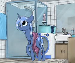 Size: 1337x1117 | Tagged: safe, artist:sinrar, oc, oc only, oc:double colon, equine, fictional species, mammal, pony, unicorn, feral, friendship is magic, hasbro, my little pony, bathroom, blue fur, blue hair, commission, cutie mark, cyan eyes, faucet, female, fur, hair, hooves, horn, indoors, mare, mirror, raised leg, shower, sink, solo, solo female, tail, toothbrush, towel, washing machine, wet, wet hair