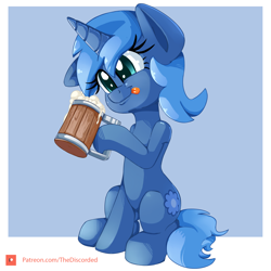 Size: 2000x2000 | Tagged: safe, artist:discorded, oc, oc only, oc:double colon, equine, fictional species, mammal, pony, unicorn, feral, friendship is magic, hasbro, my little pony, 2019, alcohol, blue fur, blue hair, cider, cutie mark, cyan eyes, drink, female, fur, hair, high res, hooves, horn, mug, patreon logo, patreon reward, sitting, solo, solo female, tail, tongue, tongue out