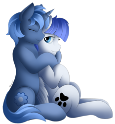 Size: 2534x2721 | Tagged: safe, artist:conrie, oc, oc only, oc x oc, oc:double colon, oc:snow pup, equine, fictional species, mammal, pegasus, pony, unicorn, feral, friendship is magic, hasbro, my little pony, blue eyes, blue fur, blue hair, commission, cutie mark, duo, duo female, eyes closed, female, females only, fur, hair, high res, hooves, horn, hug, paw prints, shipping, signature, simple background, sitting, tail, white background, white fur, wings