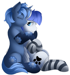 Size: 2534x2721 | Tagged: safe, alternate version, artist:conrie, oc, oc only, oc x oc, oc:double colon, oc:snow pup, equine, fictional species, mammal, pegasus, pony, unicorn, feral, friendship is magic, hasbro, my little pony, 2016, blue eyes, blue fur, blue hair, clothes, commission, cutie mark, duo, duo female, eyes closed, female, females only, fur, hair, high res, hooves, horn, hug, legwear, shipping, signature, sitting, socks, striped clothes, striped legwear, tail, thigh highs, white fur, wings