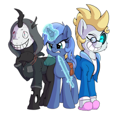 Size: 6000x5500 | Tagged: safe, artist:discorded, artist:djdavid98, artist:pirill, collaboration, sans (undertale), oc, oc only, oc:carbon copy, oc:double colon, oc:star farer, arthropod, changeling, earth pony, equine, fictional species, mammal, pony, unicorn, feral, cc by-nc-nd, creative commons, dead by daylight, friendship is magic, hasbro, minecraft, my little pony, undertale, 2020, absurd resolution, alpha channel, angry, black sclera, blood, blue eyes, blue fur, blue hair, clothes, cosplay, costume, cutie mark, cyan eyes, female, fur, glasses, glowing, glowing eyes, green hair, grin, group, hair, hoodie, hooves, horn, jacket, legion (dead by daylight), magic, magic aura, male, mask, motion lines, one eye closed, round glasses, saddle bag, simple background, slippers, smiling, sword, tail, topwear, transparent background, trio, weapon, wings, winking, yellow hair