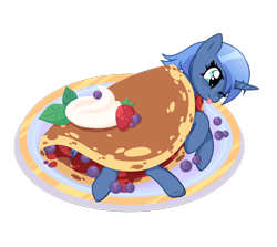 Size: 1600x1425 | Tagged: safe, artist:arshe12, oc, oc only, oc:double colon, equine, fictional species, mammal, pony, unicorn, feral, friendship is magic, hasbro, my little pony, 2020, alpha channel, berries, blue fur, blue hair, commission, cyan eyes, female, food, fur, hair, hooves, horn, one eye closed, pancakes, plate, simple background, solo, solo female, strawberry, tail, tongue, tongue out, transparent background, whipped cream, winking, ych result