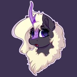Size: 4000x4000 | Tagged: safe, artist:witchtaunter, oc, oc only, oc:zakira, equine, fictional species, kirin, mammal, feral, friendship is magic, hasbro, my little pony, absurd resolution, blonde, blonde hair, bust, commission, ear fluff, eyelashes, female, fluff, hair, horn, looking at you, mare, neck fluff, open mouth, outline, portrait, purple background, purple eyes, simple background, solo, solo female, surprised