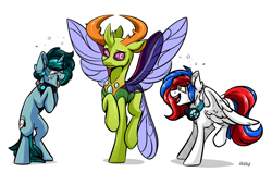 Size: 3000x1900 | Tagged: safe, artist:lrusu, thorax (mlp), oc, oc:beatbreaker, arthropod, changedling, changeling, equine, fictional species, mammal, pegasus, pony, unicorn, feral, friendship is magic, hasbro, my little pony, bipedal, commission, group, headphones, high res, horn, insect wings, male, nervous, signature, simple background, stallion, tail, trio, white background, wings