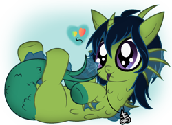 Size: 1358x990 | Tagged: safe, artist:angelofthewisp, oc, oc only, oc:demon hellspawn, fictional species, fish, half-siren, hybrid, mammal, feral, friendship is magic, hasbro, my little pony, 2019, alpha channel, baby, blep, blue hair, blue mane, colored tongue, commission, curved horn, digital art, fins, fish tail, foal, fur, gradient background, green fur, hair, hooves, horn, interspecies offspring, jewelry, leviathan cross, lying down, magical gay spawn, male, mane, necklace, offspring, on back, partially transparent background, pendant, purple eyes, purple tongue, scales, simple background, slit pupils, solo, solo male, tail, tongue, tongue out, transparent background, young