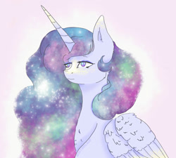 Size: 2000x1800 | Tagged: safe, artist:princess-lunestia, princess celestia (mlp), princess luna (mlp), oc, oc only, oc:princess lunestia, alicorn, equine, fictional species, mammal, pony, feral, friendship is magic, hasbro, my little pony, 2017, ethereal mane, eye through hair, eyelashes, eyeshadow, feathered wings, feathers, female, flowing mane, folded wings, frowning, fusion, hair, horn, lidded eyes, makeup, mane, mare, multicolored mane, redesign, signature, simple background, solo, solo female, starry mane, white background, wings