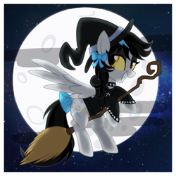 Size: 4900x4900 | Tagged: safe, artist:kazziepones, oc, oc only, oc:lightning dee, equine, fictional species, mammal, pegasus, pony, feral, friendship is magic, hasbro, my little pony, 2019, absurd resolution, amber eyes, black hair, black mane, black tail, bow, broom, choker, clothes, colored sclera, commission, cutie mark, digital art, fangs, feathered wings, feathers, female, flying, flying broomstick, fur, gray fur, grin, hair, hat, hoodie, hooves, mane, mare, moon, night, orange eyes, smiling, solo, solo female, spiked choker, spiked wristband, spread wings, tail, tail bow, teeth, topwear, wings, witch hat, wristband, ych result, yellow sclera