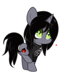 Size: 2000x2000 | Tagged: safe, artist:yexileni_javiari, equine, fictional species, mammal, pony, unicorn, feral, friendship is magic, hasbro, kellin quinn, my little pony, sleeping with sirens, 2019, brown hair, brown mane, brown tail, chibi, clothes, commission, cutie mark, digital art, disguise, disguised siren, fangs, fur, gray fur, green eyes, hair, hair over one eye, happy, heart, high res, hooves, horn, jewelry, male, mane, necklace, ponified, raised leg, shirt, simple background, slit pupils, smiling, solo, solo male, spiral horn, stallion, t-shirt, tail, teeth, topwear, transparent background, white outline, ych result
