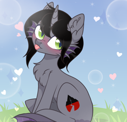 Size: 2472x2385 | Tagged: safe, artist:kim0508, artist:sparkling_light, equine, fictional species, fish, half-siren, hybrid, mammal, pony, feral, friendship is magic, hasbro, kellin quinn, my little pony, sleeping with sirens, 2019, base used, blep, brown hair, brown mane, chest fluff, commission, curved horn, cutie mark, digital art, ear fluff, feralized, fins, fish tail, fluff, fur, furrified, grass, gray fur, green eyes, hair, hair over one eye, heart, high res, hooves, horn, lens flare, male, mane, outdoors, ponified, sitting, slit pupils, solo, solo male, tail, tongue, tongue out, ych result
