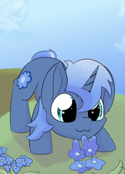 Size: 2362x3307 | Tagged: safe, artist:jubyskylines, oc, oc only, oc:double colon, equine, fictional species, mammal, pony, unicorn, feral, friendship is magic, hasbro, my little pony, blue fur, blue hair, cloud, commission, cute, cutie mark, cyan eyes, face down ass up, female, field, flower, fur, hair, high res, hooves, horn, leaning forward, sky, sniffing, solo, solo female, tail