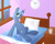 Size: 1000x800 | Tagged: safe, artist:hi_im_cranberry, oc, oc only, oc:double colon, equine, fictional species, mammal, pony, unicorn, feral, friendship is magic, hasbro, my little pony, bed, bedroom, bedside table, blue fur, blue hair, clock, commission, cutie mark, cyan eyes, drawer, female, fur, glass, glass of water, hair, hooves, horn, indoors, leaning back, looking at you, mountain, on bed, pillow, room, sky, solo, solo female, tail, window, ych result