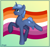 Size: 2130x2000 | Tagged: safe, artist:starlight, oc, oc only, oc:double colon, equine, fictional species, mammal, pony, unicorn, feral, friendship is magic, hasbro, my little pony, abstract background, blue fur, blue hair, commission, cutie mark, cyan eyes, female, flag, fur, gradient background, hair, high res, hooves, horn, lesbian pride flag, pride, pride flag, raised leg, signature, smiling, solo, solo female, tail, three-quarter view, ych result