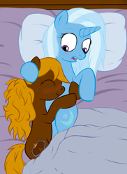 Size: 1133x1555 | Tagged: safe, artist:taggerung, trixie (mlp), canon x oc, oc, earth pony, equine, fictional species, mammal, pony, unicorn, feral, friendship is magic, hasbro, my little pony, bed, bed sheets, blushing, cuddling, cutie mark, duo, eyelashes, freckles, hair, happy, hoof on head, horn, hug, in bed, looking down, mane, on bed, pillow, purple eyes, sleeping, smiling, surprised, tail, top view