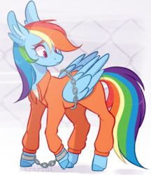 Size: 630x729 | Tagged: dead source, safe, artist:sararini, rainbow dash (mlp), equine, fictional species, mammal, pegasus, pony, feral, friendship is magic, hasbro, my little pony, blue body, blue feathers, blue fur, bondage, bound wings, chains, clothes, cuffs, ear fluff, eyelashes, feathers, female, fluff, folded wings, fur, hair, hooves, magenta eyes, prison outfit, rainbow hair, side view, solo, solo female, tail, three-quarter view, wings