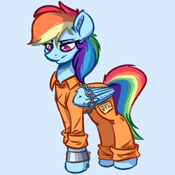 Size: 4000x4000 | Tagged: safe, artist:witchtaunter, rainbow dash (mlp), equine, fictional species, mammal, pegasus, pony, feral, friendship is magic, hasbro, my little pony, absurd resolution, bondage, bound wings, chains, clothes, cuffs, female, prison outfit, solo, solo female, three-quarter view, wings