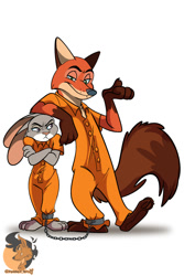 Size: 800x1200 | Tagged: safe, artist:pizzapupperroni, judy hopps (zootopia), nick wilde (zootopia), canine, fox, lagomorph, mammal, rabbit, red fox, anthro, disney, zootopia, 2020, clothes, commission, duo, duo male and female, female, male, prison outfit