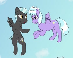 Size: 900x715 | Tagged: safe, artist:alviniscute, cloudchaser (mlp), thunderlane (mlp), equine, fictional species, mammal, pegasus, pony, feral, friendship is magic, hasbro, my little pony, 2019, duo, flying