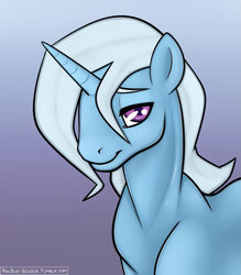 Size: 957x1090 | Tagged: safe, artist:bluebender, trixie (mlp), equine, fictional species, mammal, pony, unicorn, feral, friendship is magic, hasbro, my little pony, horn, lidded eyes, looking at you, male, purple eyes, smiling, solo, solo male, three-quarter view
