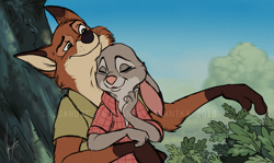 Size: 3171x1891 | Tagged: safe, artist:alantka, judy hopps (zootopia), nick wilde (zootopia), canine, fox, lagomorph, mammal, rabbit, red fox, anthro, disney, robin hood (disney), zootopia, 2016, anthro/anthro, arm fluff, cheek fluff, claws, clothes, crossover, duo, duo male and female, eyes closed, female, floppy ears, fluff, gloves (arm marking), hug, interspecies, leaf, long ears, looking at someone, looking down, male, male/female, nuzzling, obtrusive watermark, on model, outdoors, paws, shipping, shirt, signature, smiling, style emulation, topwear, tree, watermark, whiskers, wildehopps (zootopia)