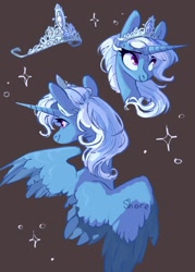 Size: 1500x2100 | Tagged: safe, artist:shore2020, trixie (mlp), alicorn, equine, fictional species, mammal, pony, unicorn, feral, friendship is magic, hasbro, idw, idw my little pony, my little pony, abstract background, crown, feathered wings, feathers, female, hair, horn, mane, mare, race swap, regalia, signature, smiling, solo, solo female, spread wings, wings